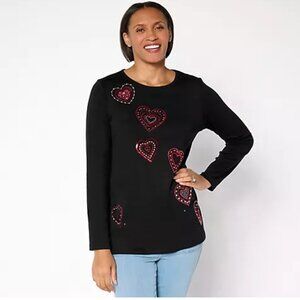 Quacker Factory Black Beaded Heart 3/4 Sleeve Knit Top Large